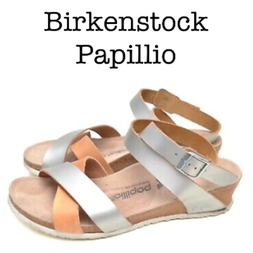 Birkenstock Papillio Silver and Tan Strappy Sandals Size 10